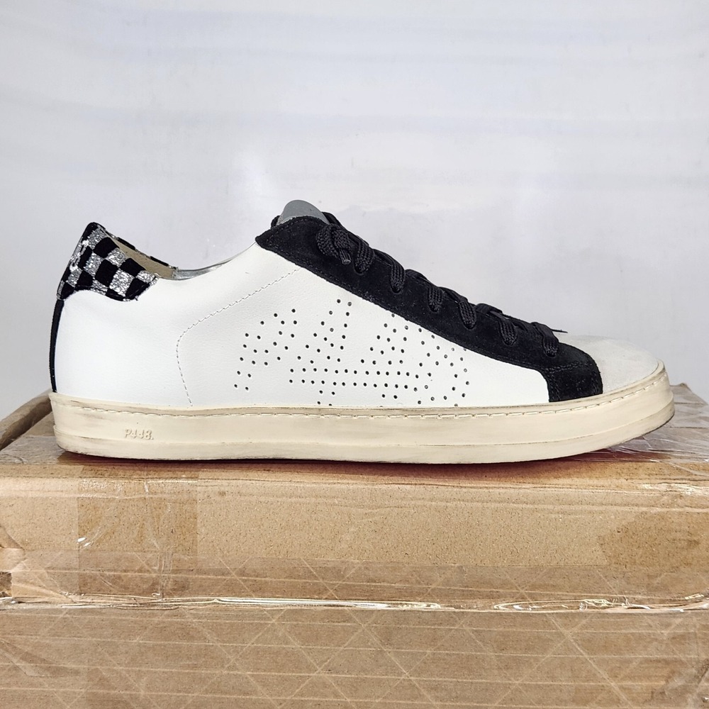 P448 John Sneakers Womens Size 7.5-8 White Black Checkered Glitter Low Top